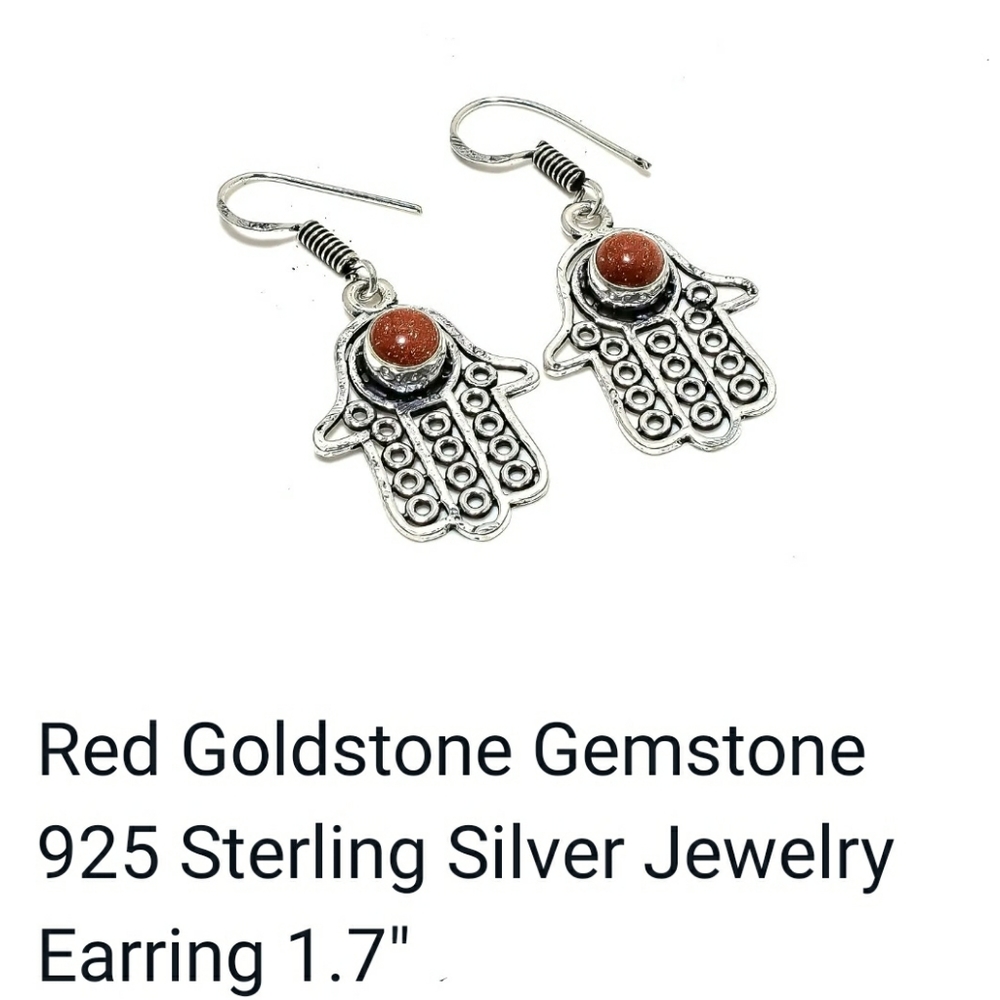 NWB Handmade Red goldstone HAMSA God hand earrings STERLING Silver HANDMADE - Picture 2 of 2